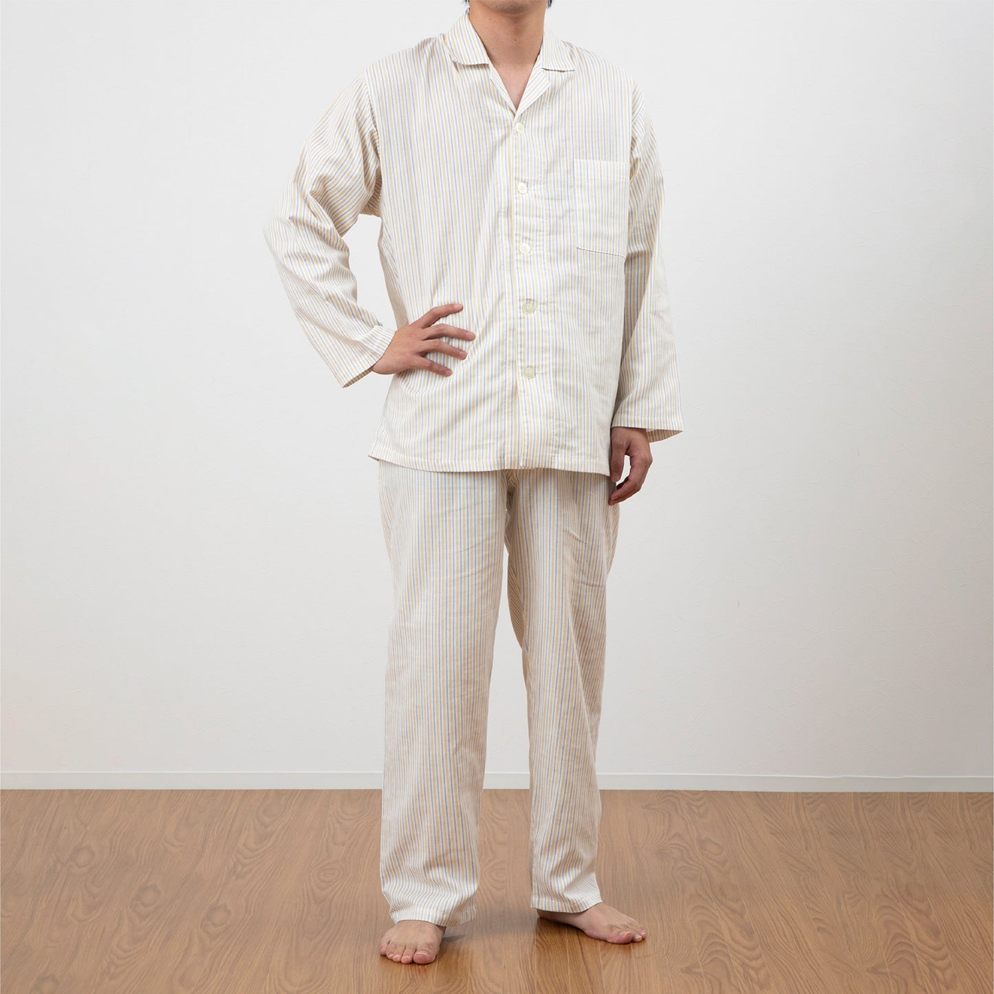 ロマンス小杉 日本製 メンズパジャマ 長袖 2重ガーゼ 前開き シャツタイプ M L 春 夏 秋 冬 洗える ベージュ