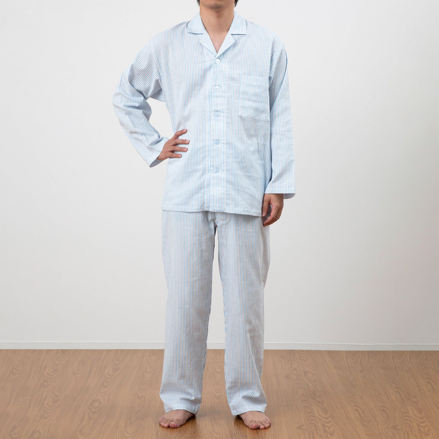 ロマンス小杉 日本製 メンズパジャマ 長袖 2重ガーゼ 前開き シャツタイプ M L 春 夏 秋 冬 洗える ブルー