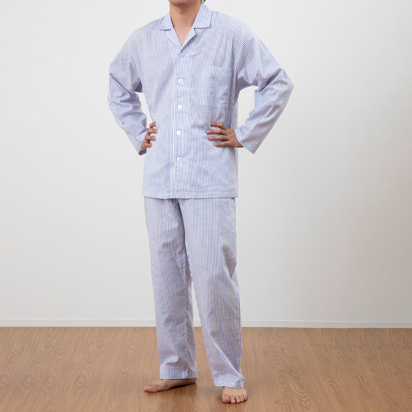 ロマンス小杉 日本製 メンズパジャマ 長袖 2重ガーゼ 前開き シャツタイプ M L 春 夏 秋 冬 洗える ネイビー