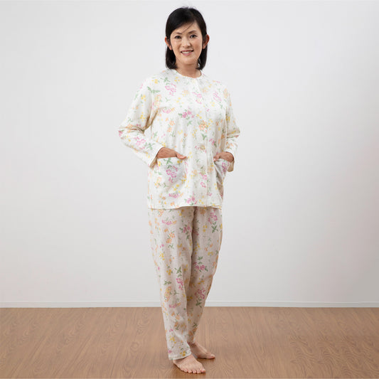 ロマンス小杉 日本製 レディースパジャマ 楊柳 長袖 前開き 丸首 洗える ポケット付き 春 夏 秋 涼しい 夏用 花柄 ベージュ