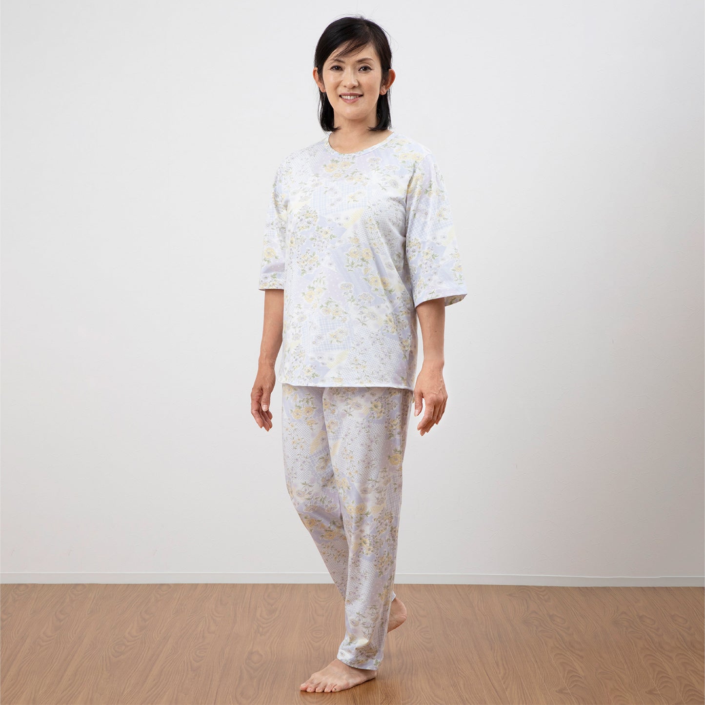 ロマンス小杉 日本製 レディースパジャマ 七分袖 かぶり 丸首 天竺ニット やわらか 洗える S M L 春 夏 秋 パープル