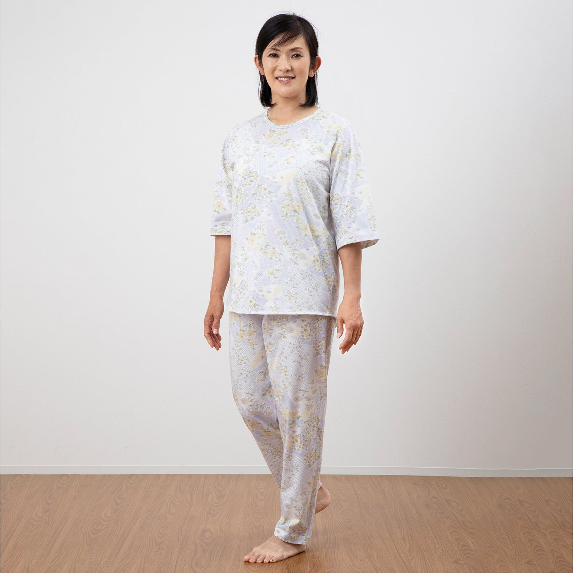 ロマンス小杉 日本製 レディースパジャマ 七分袖 かぶり 丸首 天竺ニット やわらか 洗える S M L 春 夏 秋 パープル