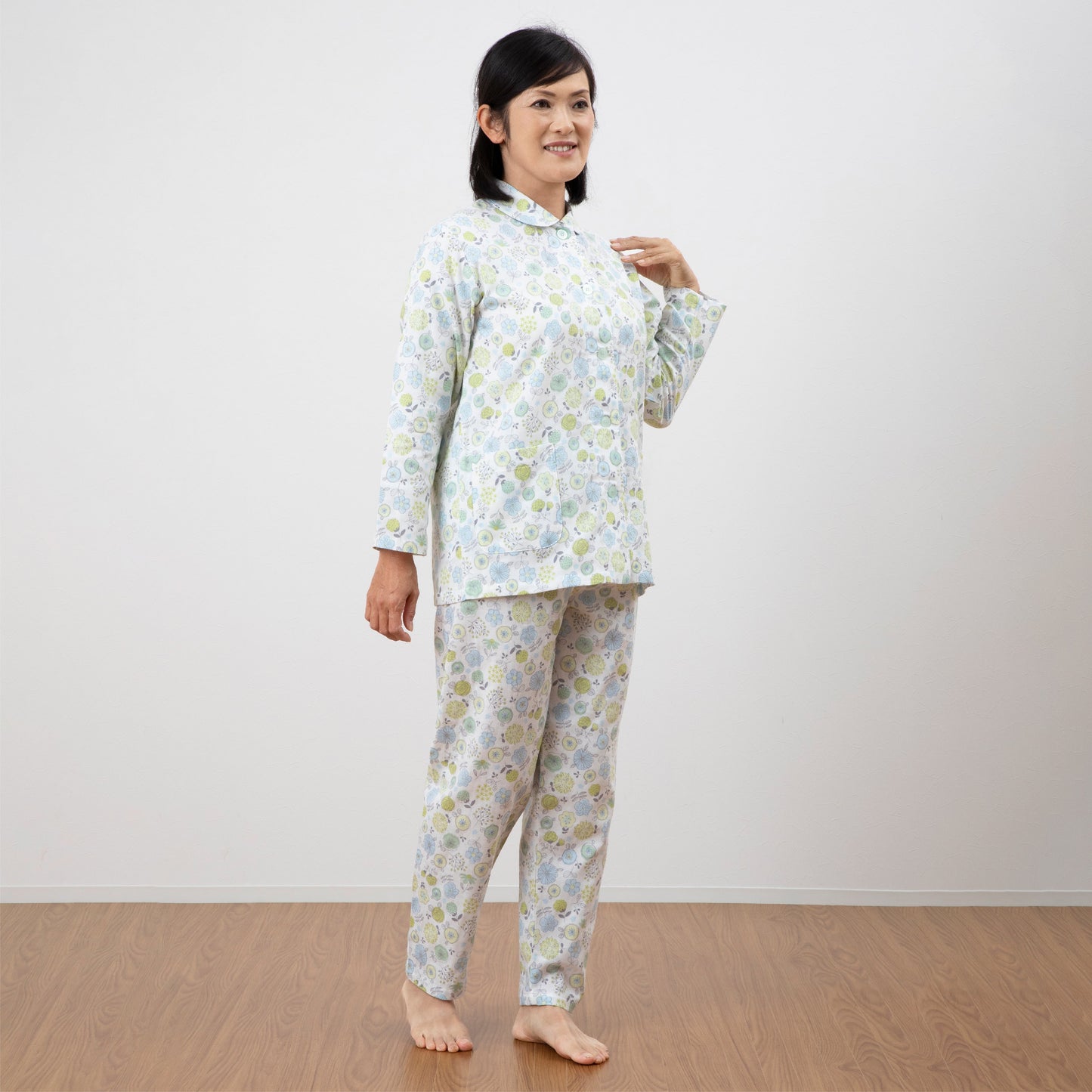 ロマンス小杉 日本製 レディースパジャマ 綿100% 2重ガーゼ ポケット付き 洗える S M L ガーゼ地 春 夏 秋 グリーン