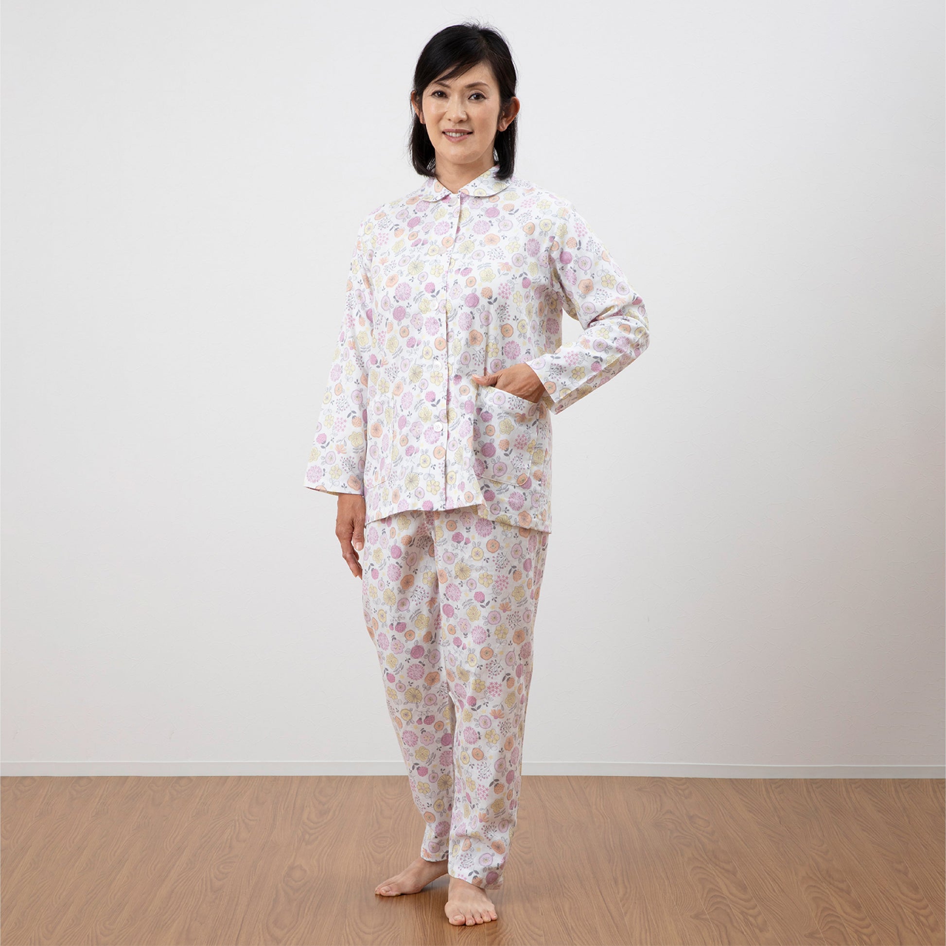 ロマンス小杉 日本製 レディースパジャマ 綿100% 2重ガーゼ ポケット付き 洗える S M L ガーゼ地 春 夏 秋 ピンク