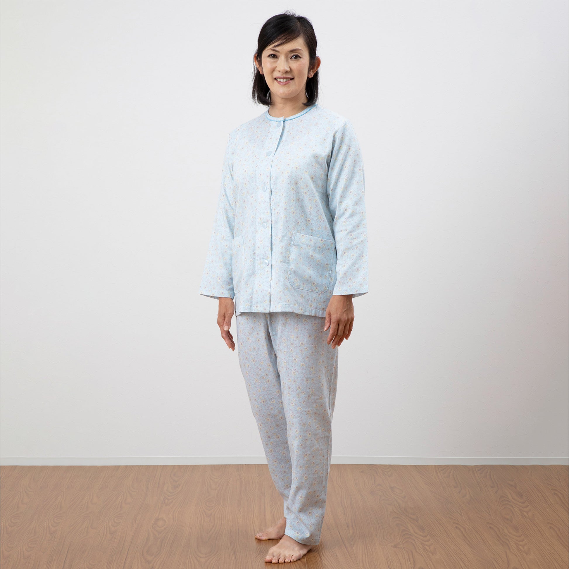 ロマンス小杉 日本製 レディースパジャマ 綿100% 2重ガーゼ ポケット付き S M L 洗える ガーゼ地 春 夏 秋 ブルー
