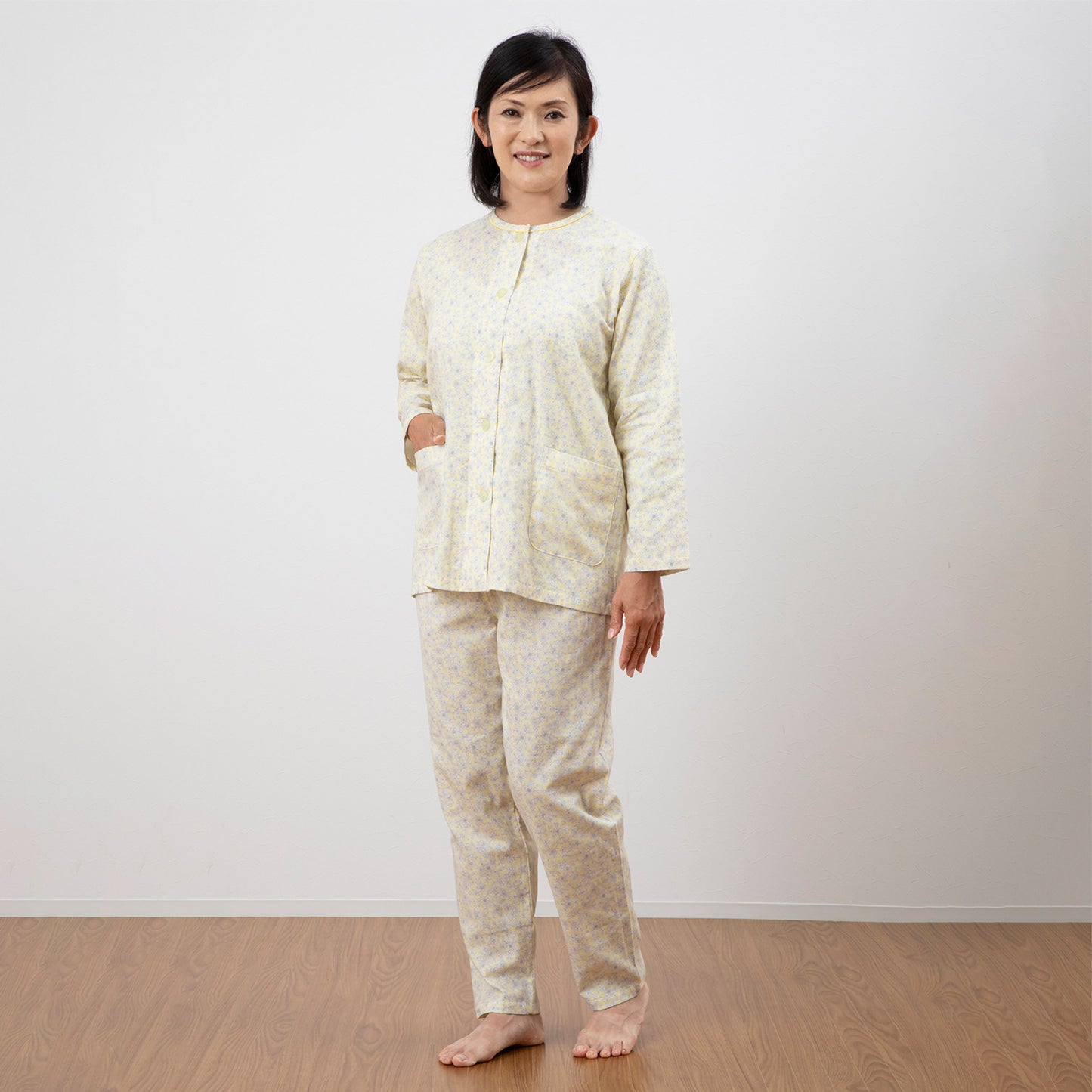 ロマンス小杉 日本製 レディースパジャマ 綿100% 2重ガーゼ ポケット付き S M L 洗える ガーゼ地 春 夏 秋 イエロー