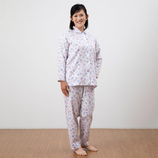 ロマンス小杉 日本製 レディースパジャマ 綿100％ 2重ガーゼ ポケット付き 洗える S M L ガーゼ地 春 夏 秋 パープル