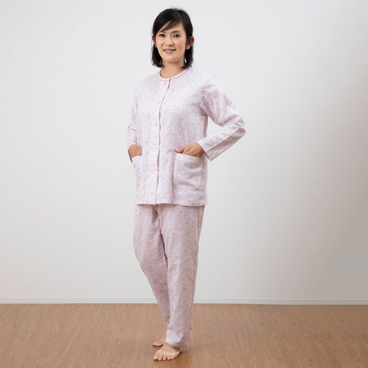 ロマンス小杉 日本製 レディースパジャマ 綿100％ 2重ガーゼ ポケット付き S M L 洗える ガーゼ地 春 夏 秋 ピンク